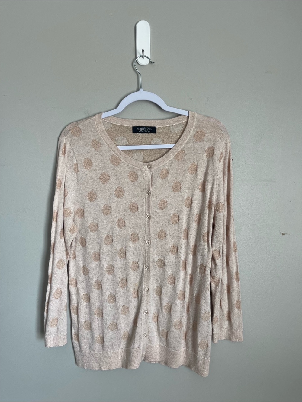 AUGUST SILK Beige Shimmer Polka Dot Button-Up Cardigan Sweater Sz L